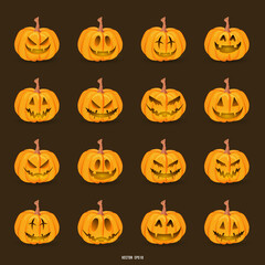 Halloween pumpkin carving faces set with Funny and scary eyes and mouths. Emojis for Halloween day for content online or web, banner and template , Flat cartoon flat style. illustration Vector EPS 10