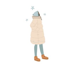 Hand drawn vector abstract flat stock modern graphic Happy New Year and Merry Christmas illustration character design,of young happy girl in winter clothing walking outside alone.
