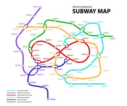 Subway map. Template of fictional town public transport scheme for underground transition road. Metro or bus abstract traffic pattern with circular infinite sign color routes. Vector card illustration