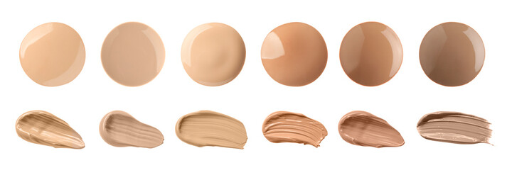 Set with different shades of liquid skin foundation on white background, top view. Banner design
