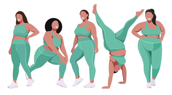 vector flat illustration on the topic of body positivity and physical activity. a group of healthy girls of natural beauty in leggings and sports bras are engaged in fitness. each figure is isolated.
