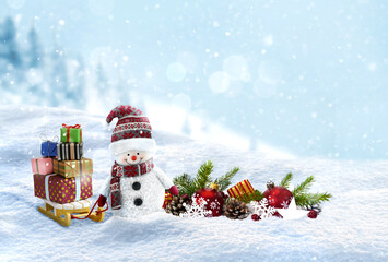 Snowman with christmas presents on snowy landscape background