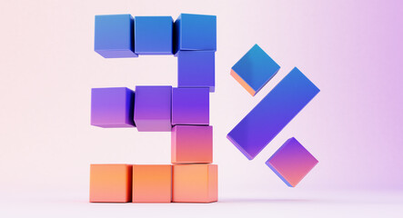 Colorful boxes forming the number three isolated on white background, 3d render, up to three percent