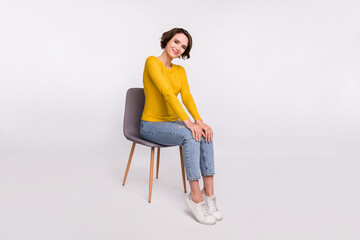 Full size profile side photo of young girl happy positive smile sit stool wear casual outfit...