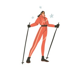 Fototapeta premium Hand drawn vector abstract flat stock modern graphic Happy New Year and Merry Christmas illustration cartoon character design,of young happy woman in winter skier costume outdoor.