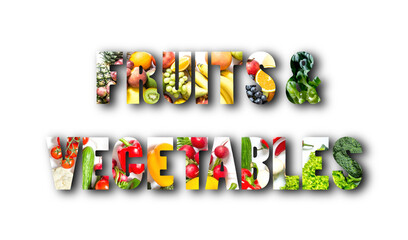 Different fruits and vegetables in the form of words fruits and vegetables with a shadow from the lettering isolated on a white background.