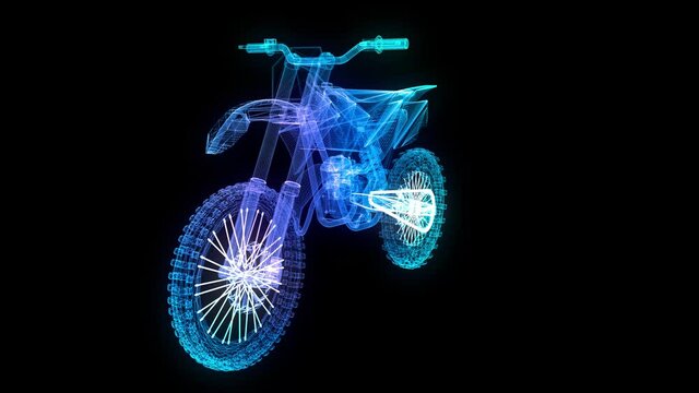Motorbike. Glowing lines formation of sport bike. Seamless loop. Digital technology visualization of 3d.