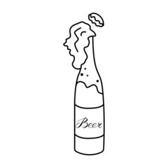 The beer bottle explodes with foam. Vector outline hand drawn illustration in doodle style. For invitation, beer bar menu, poster, flyer