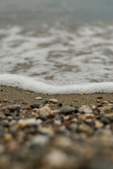 Pebble beach stone coastline close up view