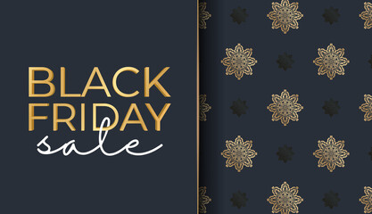 Fototapeta na wymiar Black Friday advertisement template in dark blue color with vintage gold ornament