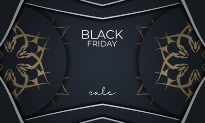 Black friday poster template in dark blue color with luxury gold pattern