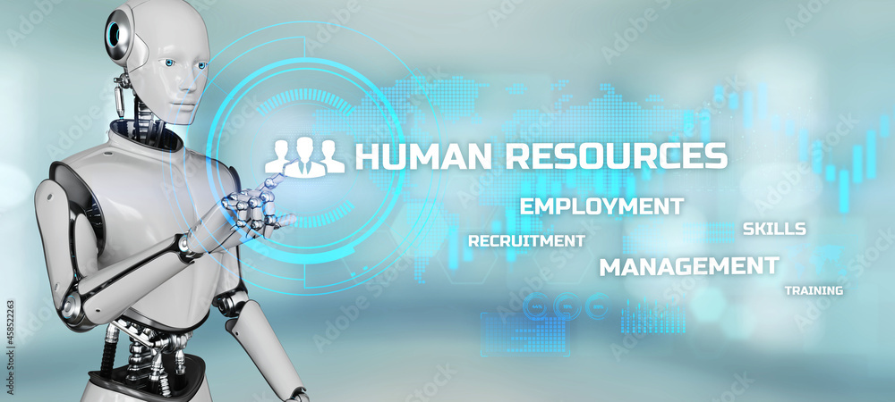 Poster hr human resources automation rpa. robot pressing button on screen 3d render.