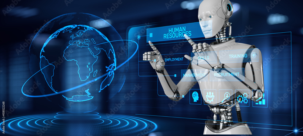 Poster hr human resources automation rpa. robot pressing button on screen 3d render.