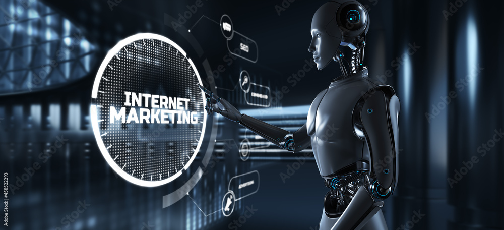 Poster internet marketing digital online advertising automation. robot pressing button on screen 3d render.