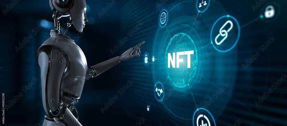 Poster nft non-fungible token crypto art investment. robot pressing virtual button 3d render illustration.