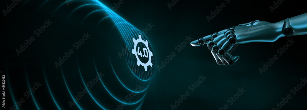 Poster industry 4.0 smart manufacturing lean business innovation technology concept. robot hand pressing bu