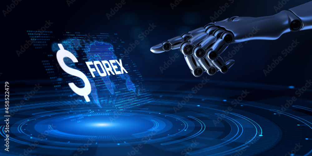 Poster forex trading stock market exchange robot automation. robotic hand pressing virtual button 3d render