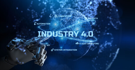 Industry 4.0, Innovation, Smart manufacturing, automation technology concept. Robotic arm 3d rendering.