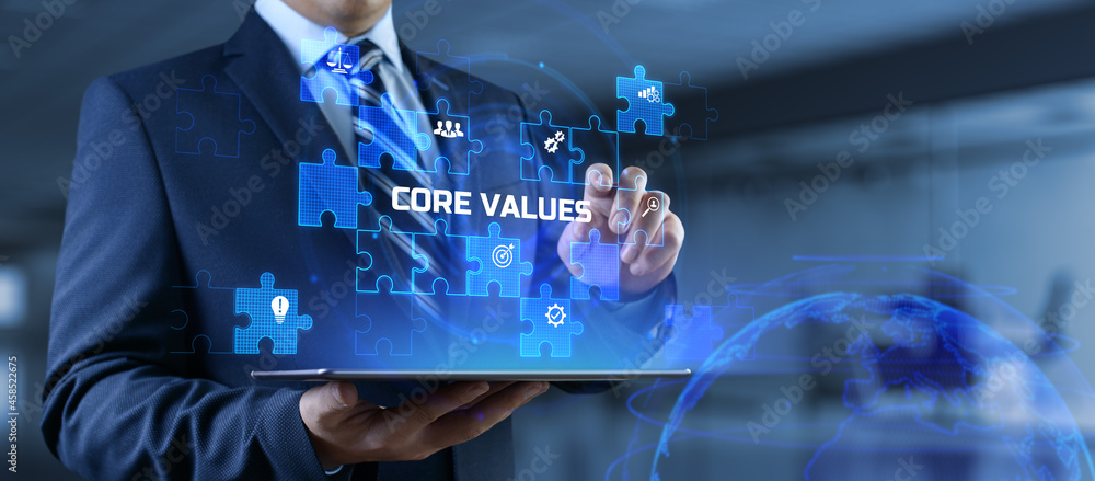 Poster core values responsibility innovation. businessman pressing button on screen.