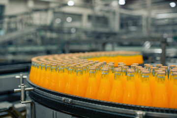 Beverage factory interior. Conveyor flowing with bottles for juice