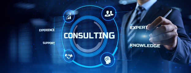 Consulting service business concept. Businessman pressing button on screen.