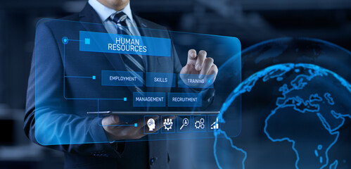 HR Human resources management Recruitment Headhunting. Businessman pressing button on screen.