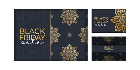 Dark blue black friday sale advertisement template with round gold ornament