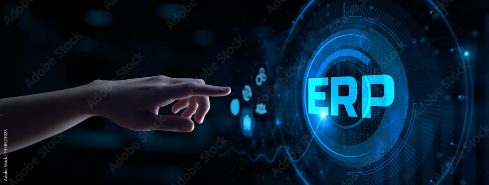 Poster erp enterprise resources planning software system business process automation concept. hand pressing