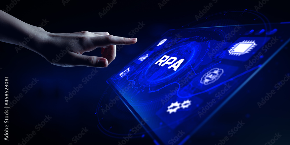Poster rpa robotic process automation technology innovation concept. hand pressing button on screen.