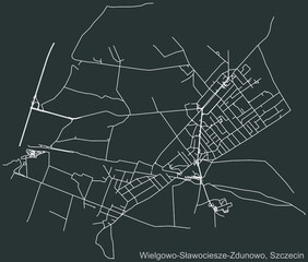Detailed negative navigation urban street roads map on dark gray background of the quarter Wielgowo-Sławociesze-Zdunowo municipal neighborhood of the Polish regional capital city of Szczecin, Poland