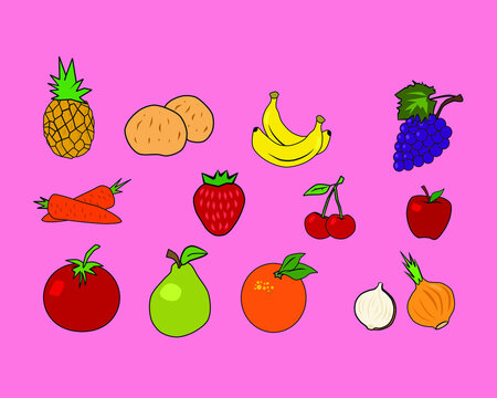 Fruits and vegetables, 2d vector drawing