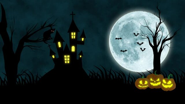 Halloween background animation, halloween night, spooky house, bats flying, full moon, black cat, Jack-O-Lantern