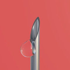 A drop of liquid from the tip of a medical syringe. Macro close up of liquid dripping from injection syringe needle tip. 3D rendering illustration. 