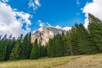 Mountain range of the Pomagagnon (2450 m.), Dolomites, UNESCO world heritage site, Italian Alps, near the small village of Cortina D'Ampezzo, tourist resort in Belluno province, Veneto, Italy, Europe.