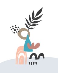 Cartoon vase, leaf, different shapes, Abstract figures. Colorful flat vector illustration, hand drawing. design for prints, posters, cards