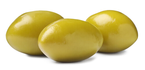 Three fresh green olives on white background