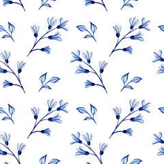 Watercolor illustration blue textile flowers and leaves pattern