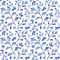 Watercolor illustration blue textile flowers and leaves pattern