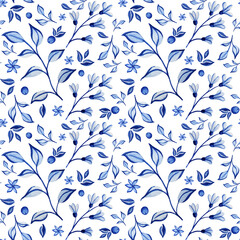 Watercolor illustration blue textile flowers and leaves pattern