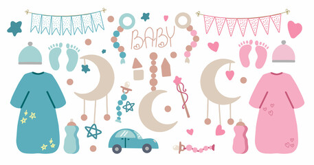 A set for a themed holiday of a newborn. A collection for babies of a boy and a girl. Baby care, feeding, clothing, toys, safety, accessories. Vector drawings isolated on a white background.