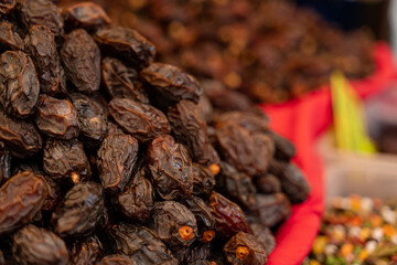 Dates on counter on Turkish market. Dried sweet dates.