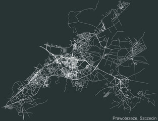 Detailed negative navigation urban street roads map on dark gray background of the quarter Prawobrzeże district of the Polish regional capital city of Szczecin, Poland