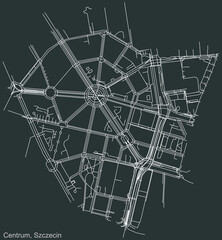 Detailed negative navigation urban street roads map on dark gray background of the quarter Centrum (Center) municipal neighborhood of the Polish regional capital city of Szczecin, Poland