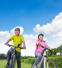Asian healthy senior couple exercising with bicycles