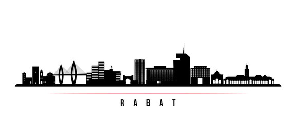 Rabat skyline horizontal banner. Black and white silhouette of Rabat, Morocco. Vector template for your design.