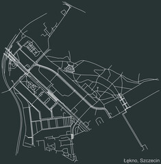 Detailed negative navigation urban street roads map on dark gray background of the quarter Łękno municipal neighborhood of the Polish regional capital city of Szczecin, Poland