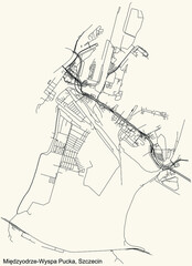 Detailed navigation urban street roads map on vintage beige background of the quarter Międzyodrze-Wyspa Pucka municipal neighborhood of the Polish regional capital city of Szczecin, Poland
