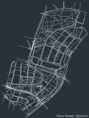 Detailed negative navigation urban street roads map on dark gray background of the quarter Stare Miasto municipal neighborhood of the Polish regional capital city of Szczecin, Poland