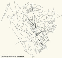 Detailed navigation urban street roads map on vintage beige background of the quarter Głębokie-Pilchowo municipal neighborhood of the Polish regional capital city of Szczecin, Poland