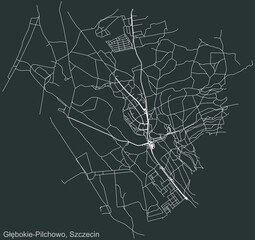 Detailed negative navigation urban street roads map on dark gray background of the quarter Głębokie-Pilchowo municipal neighborhood of the Polish regional capital city of Szczecin, Poland
